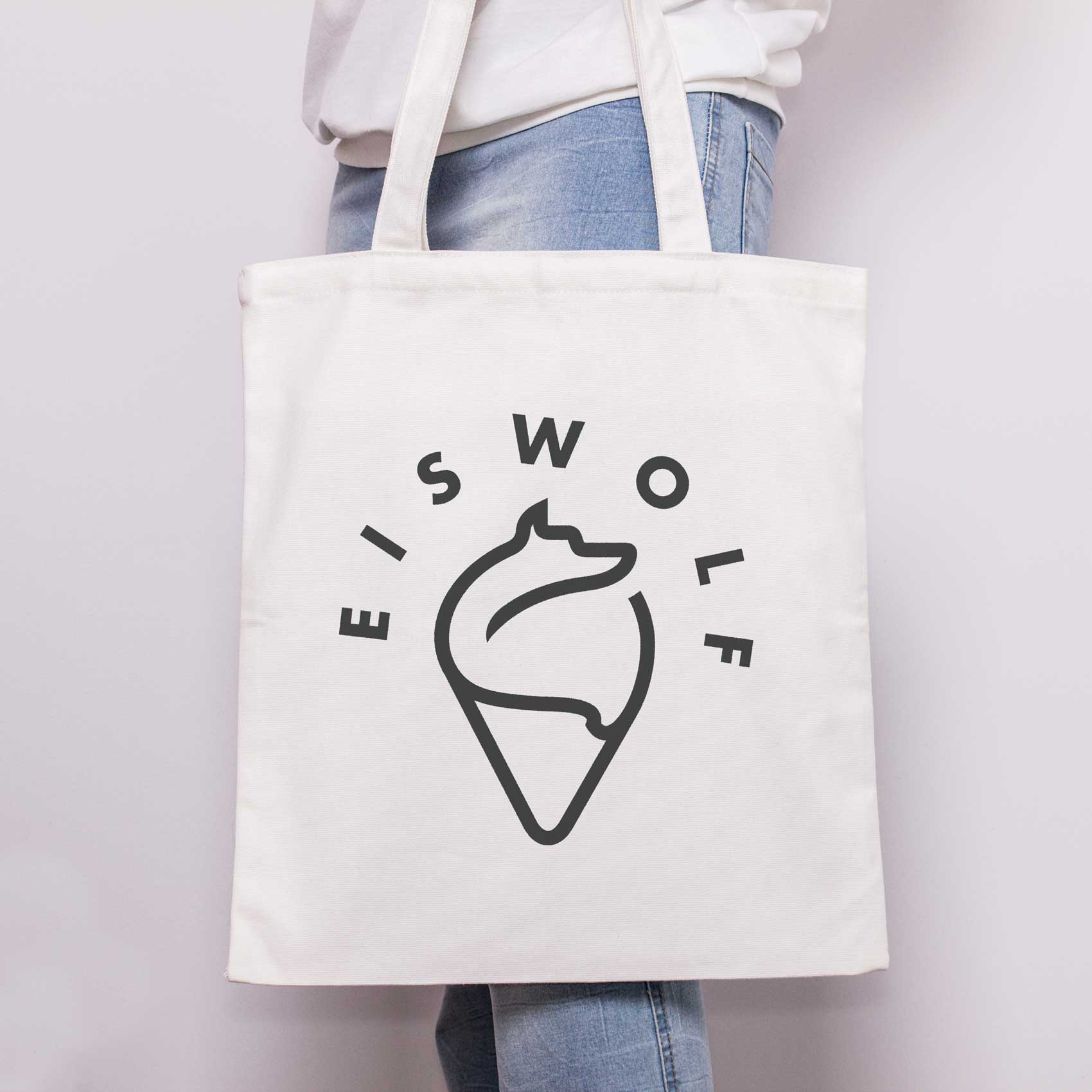 Professionell gestaltete Tragtasche mit Logoaufdruck für Eiswolf