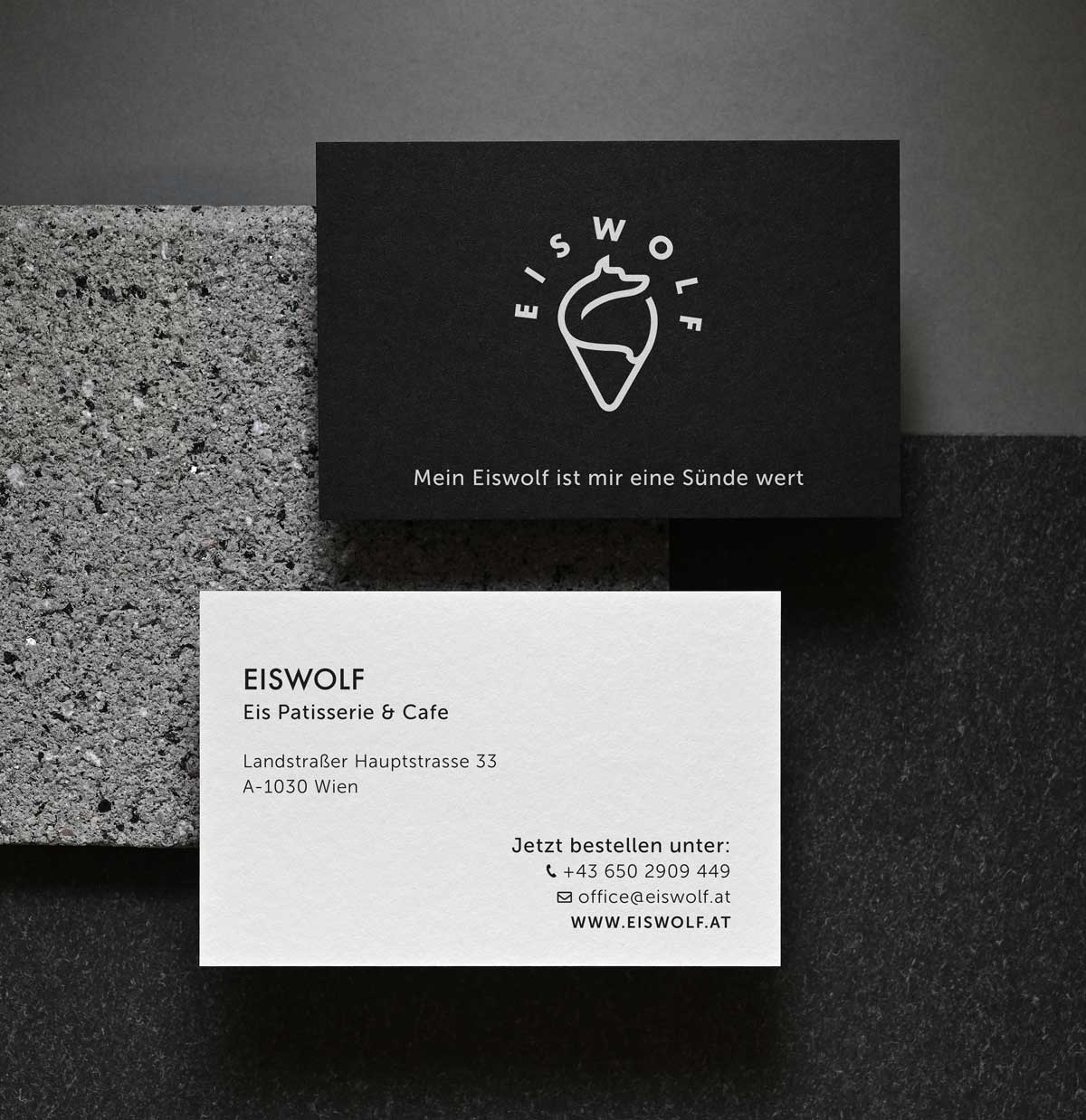 Eiswolf Visitenkarten | Bild von Maris, stock.adobe.com Gestaltung der Visitenkarten der Eispatisserie Eiswolf in Wien